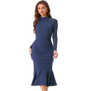 Allegra K Elegant Navy Blue Long Sleeve Dress Size Medium sheer sleeves Maxi